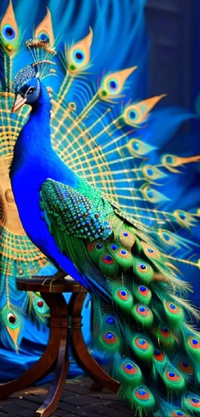 Vibrant blue peacock with colorful feathers on artistic background.