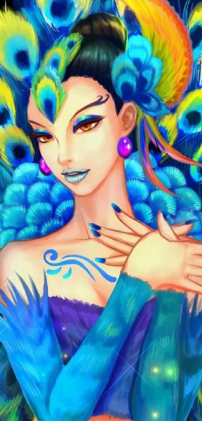 Artistic peacock woman in vibrant colors, fantasy-style.