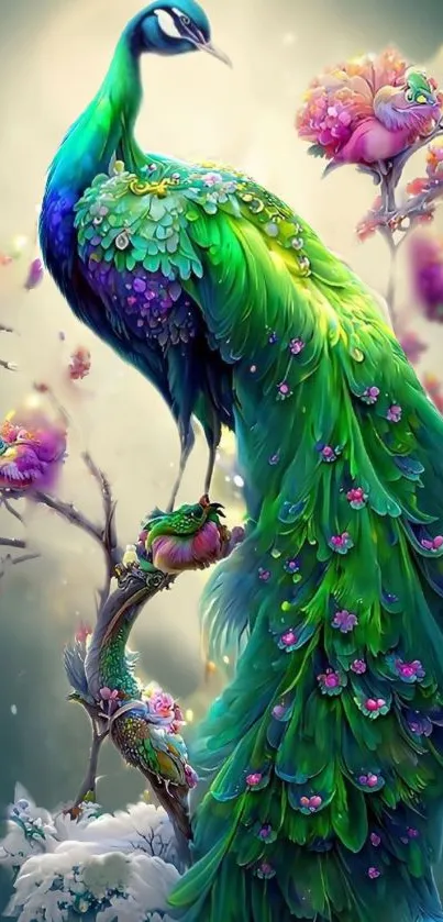 Fantasy art peacock in vibrant colors with blossoms.