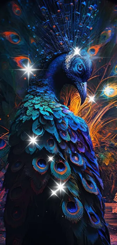 Colorful peacock art wallpaper with vibrant feathers.