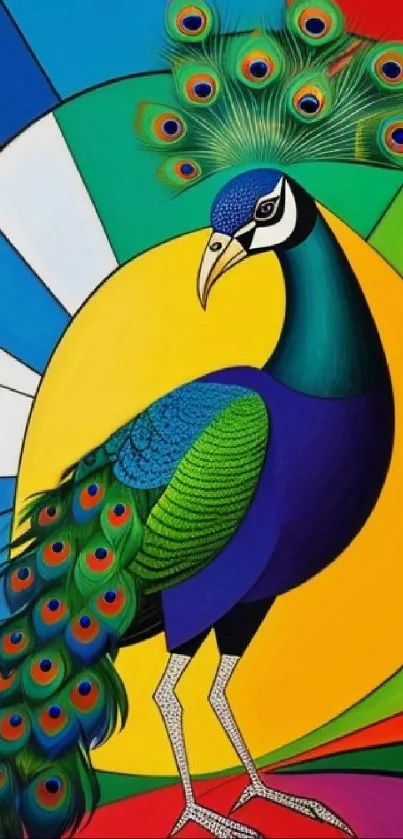 Vibrant peacock art with colorful geometric background, perfect for mobile.