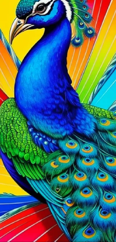 Artistic peacock with vibrant blue and green feathers on colorful background.