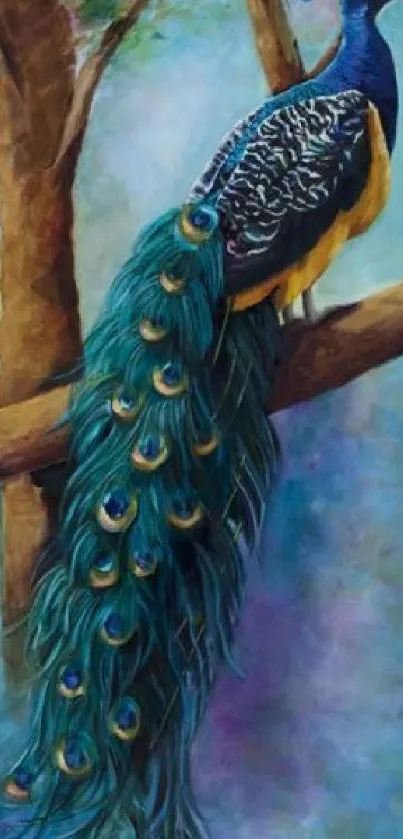 Artistic peacock perched elegantly on a tree branch.