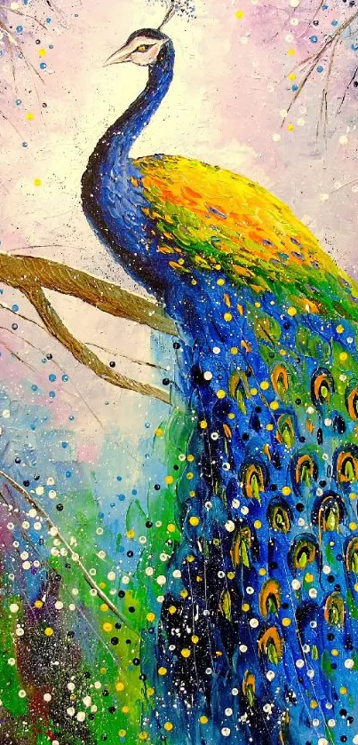 Vibrant peacock on branch in colorful abstract background.