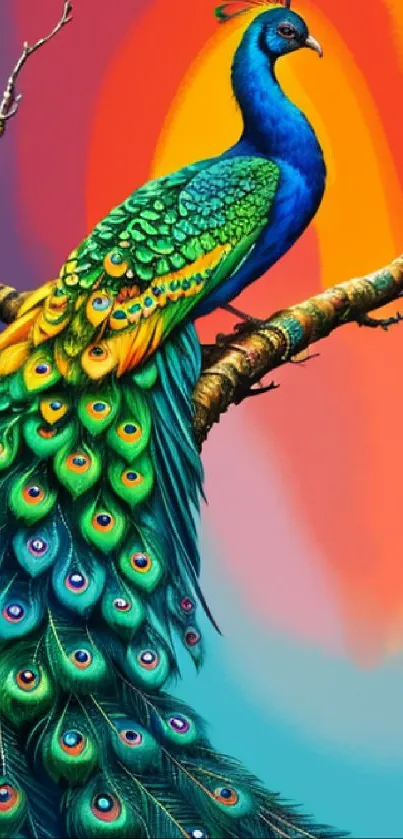 Colorful peacock perched on a branch with vibrant background.