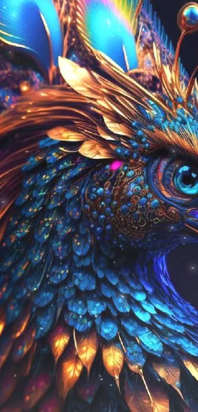 Vibrant digital artwork of a colorful peacock with intricate feather details.