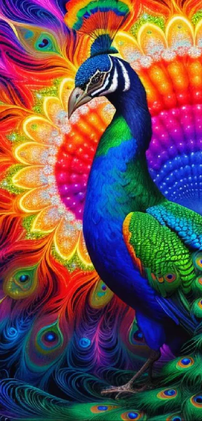 Colorful peacock artwork with vibrant feathers for mobile wallpaper.