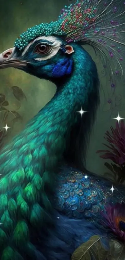 Artistic peacock with vivid feathers in a colorful, elegant design for mobile wallpaper.