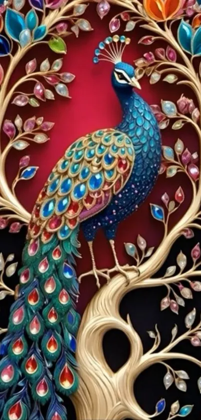 Vibrant peacock art with colorful feathers and intricate tree branches.
