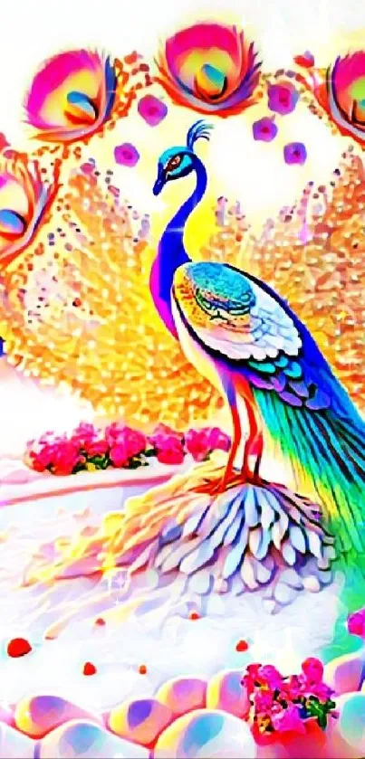 Vibrant peacock art with colorful feathers and floral accents.