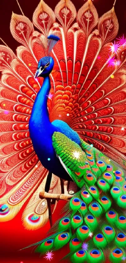 Vibrant peacock with colorful feathers on a red background.