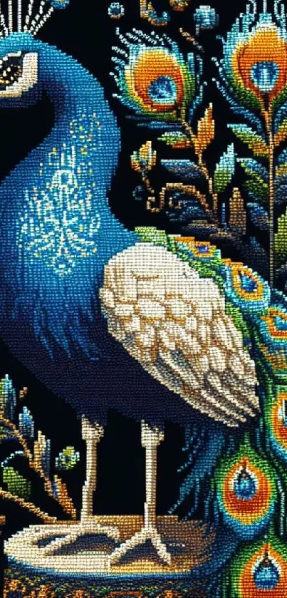 Intricate embroidery-style peacock artwork wallpaper with vibrant colors.