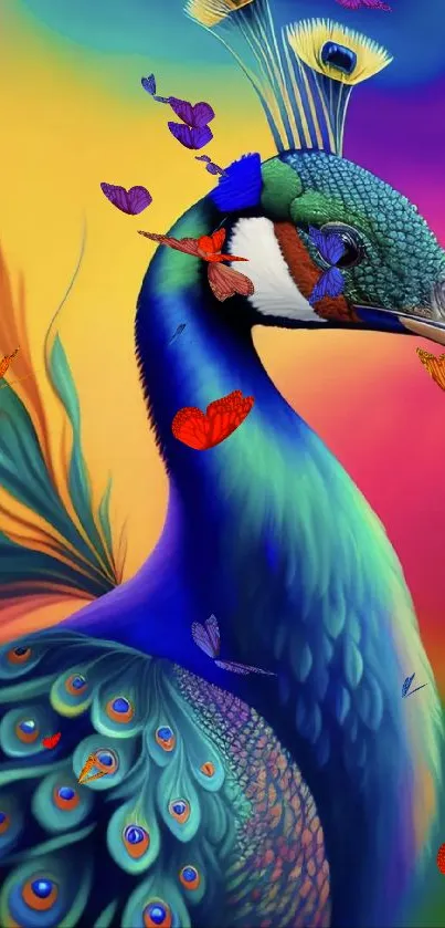 Vibrant peacock with colorful feathers on a gradient background.