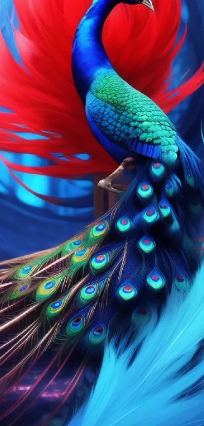 Vibrant peacock with colorful feathers in blue and red hues.