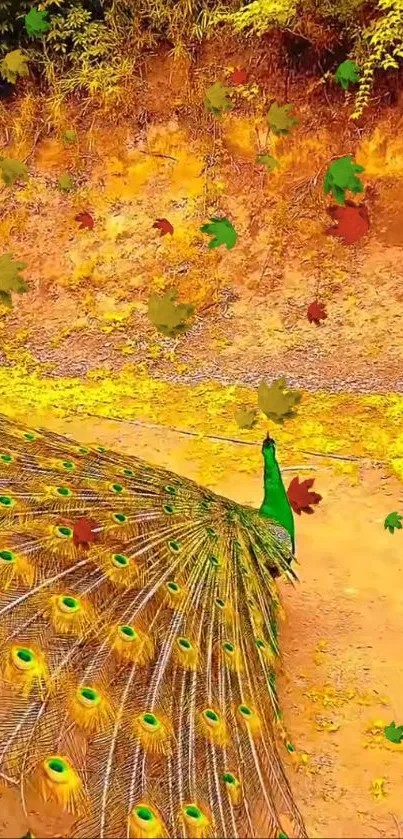 A vibrant peacock amid autumn leaves with bright orange and green tones.