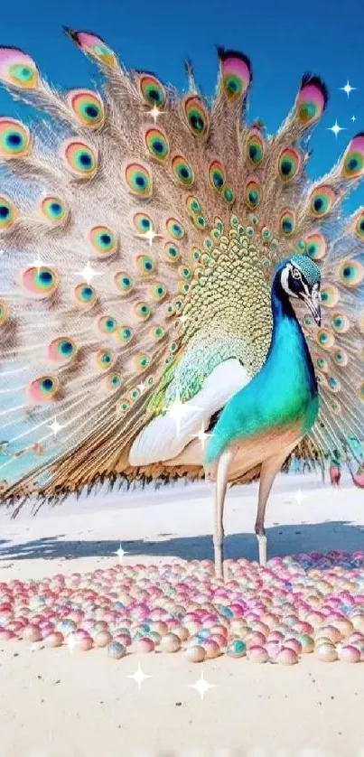 Elegant peacock on a beach with vibrant open feathers.