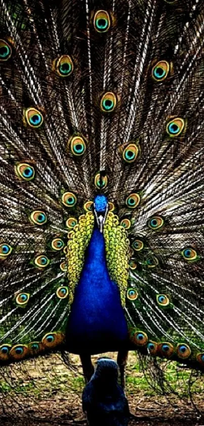 Beautiful peacock with vibrant, colorful feathers fully displayed.