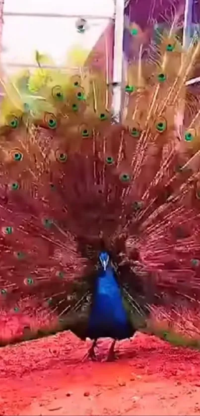 Colorful peacock displaying vibrant feathers outdoors.