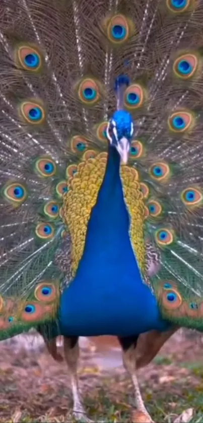 Stunning blue peacock with vibrant feathers spread in nature.