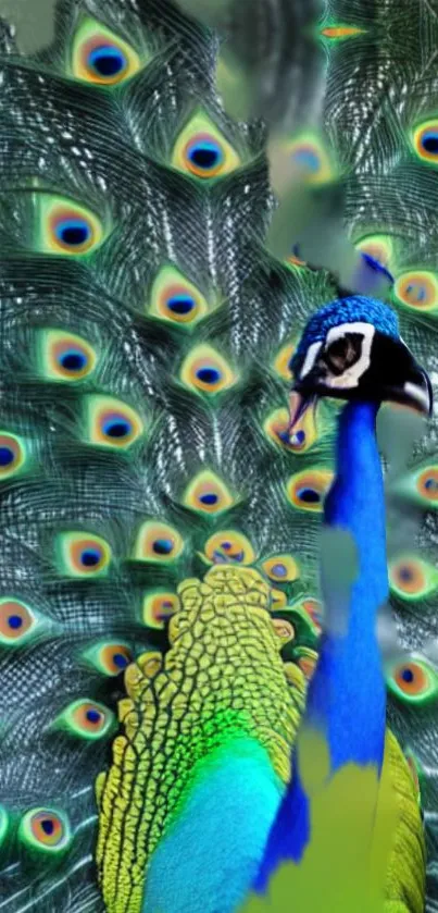 Vibrant peacock with colorful feathers on wallpaper.