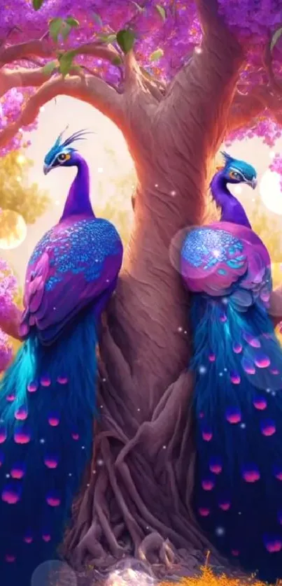 Vibrant peacocks under purple trees in stunning mobile wallpaper.