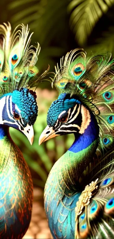 Two vibrant peacocks with detailed feathers in a lush setting, perfect for mobile.