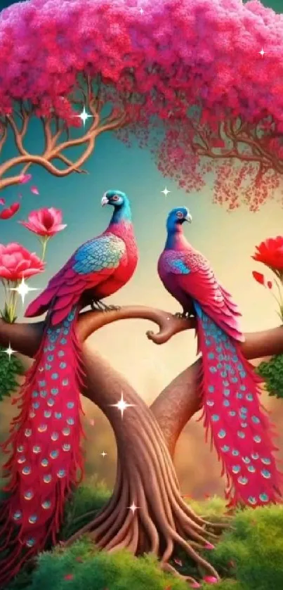 Colorful peacock art with pink trees and vibrant scenery.