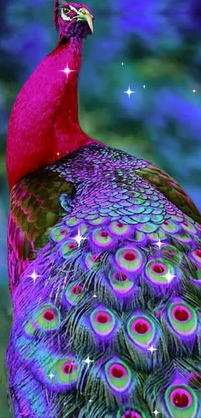 Vibrant peacock with bright colors and sparkling stars on a fantasy-themed wallpaper.