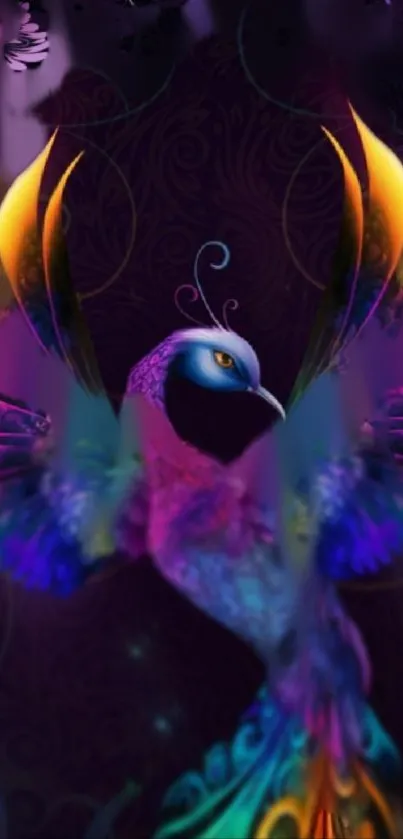 Vibrant fantasy art of a peacock with colorful feathers on a purple background.