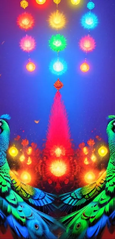 Colorful fantasy peacock art with bright lights.