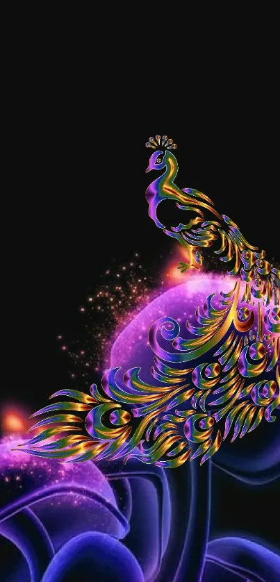 Vibrant peacock design with glowing purple elements.