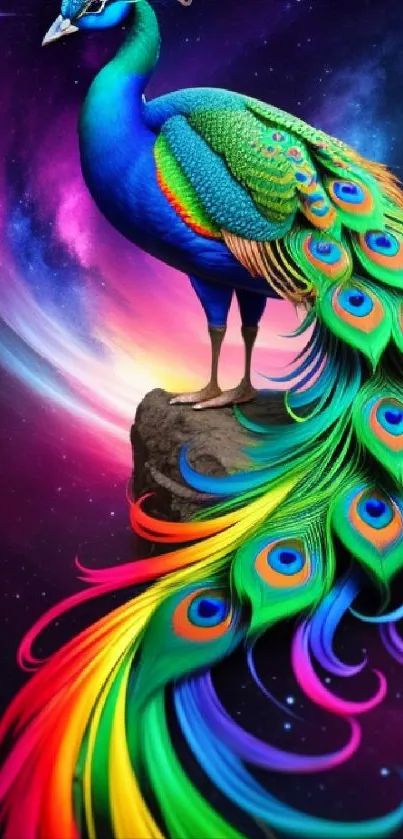 Vibrant peacock with cosmic background on phone wallpaper.