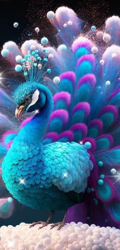 Vibrant peacock in fantasy art style, with colorful feathers and digital flair.