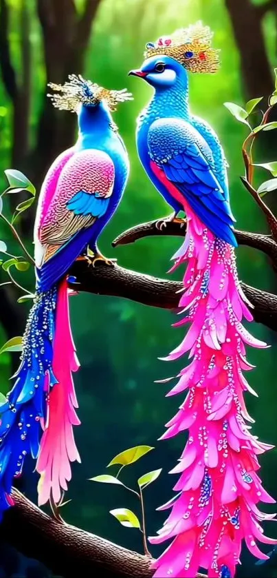 Vibrant peacocks in a colorful forest setting, fantasy art wallpaper.