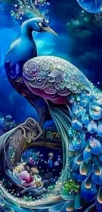 Vibrant fantasy peacock in mystical art scene.