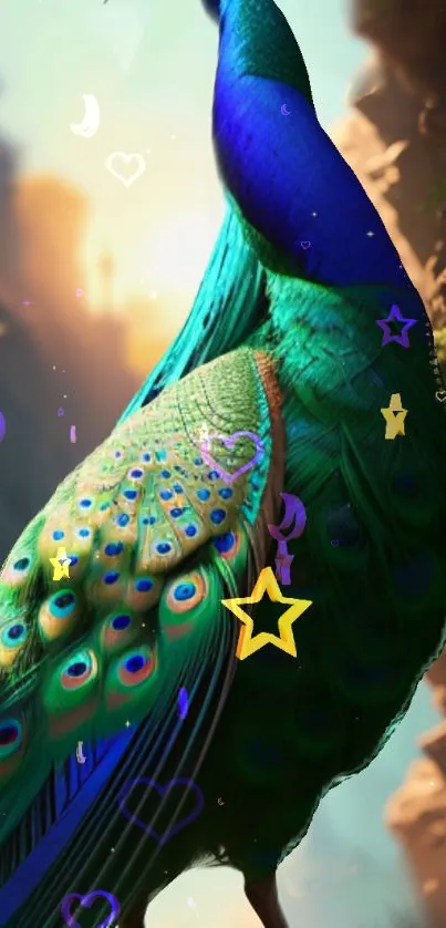 Vibrant peacock wallpaper with green and blue feathers and magical symbols.