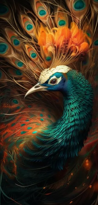 Vibrant peacock fantasy art with teal and orange hues.