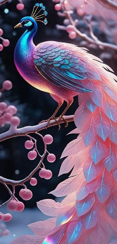 Fantasy art of a vibrant peacock with colorful feathers and a magical setting.