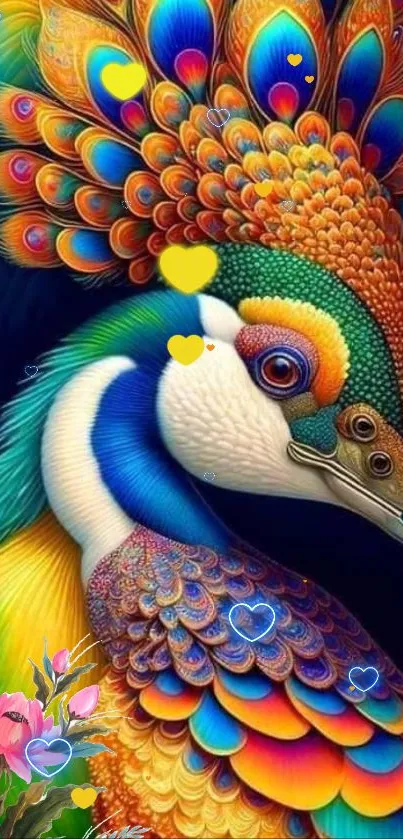 Vibrant peacock fantasy mobile wallpaper with colorful feathers and whimsical hearts.