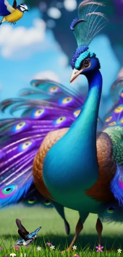 Vibrant peacock with colorful feathers in a fantasy scene.