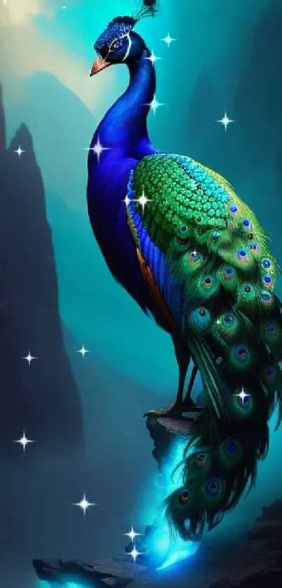Vibrant peacock standing on a rock with a fantasy mountain backdrop.