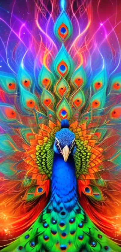 Vibrant peacock fantasy wallpaper with neon colors and intricate feather patterns.