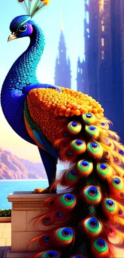 Artistic peacock with vibrant feathers and scenic backdrop.