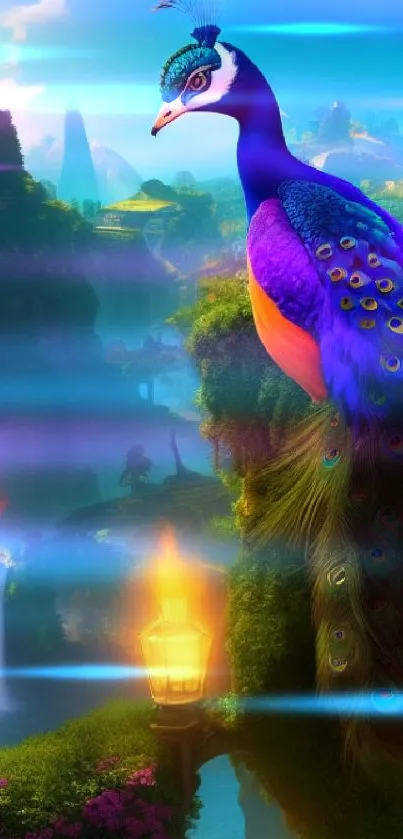 Majestic peacock in a vibrant fantasy landscape with colorful scenery.