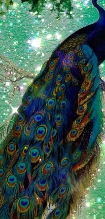 Vibrant peacock with colorful feathers and sparkles on a green background.