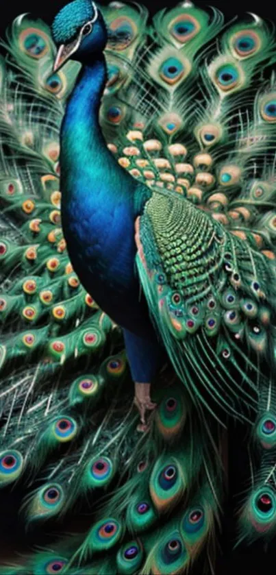 Vibrant peacock with teal feathers on display as mobile wallpaper.