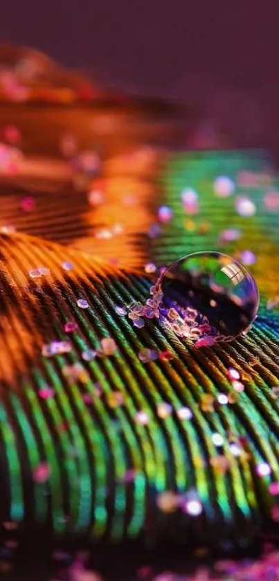 Close-up of vibrant peacock feather with colorful patterns and a water droplet.