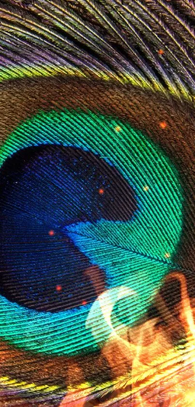 Close-up of a colorful peacock feather, highlighting vibrant turquoise hues.