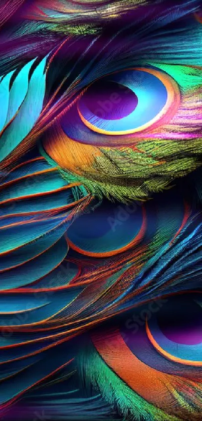 Vibrant peacock feather mobile wallpaper with teal and orange hues.