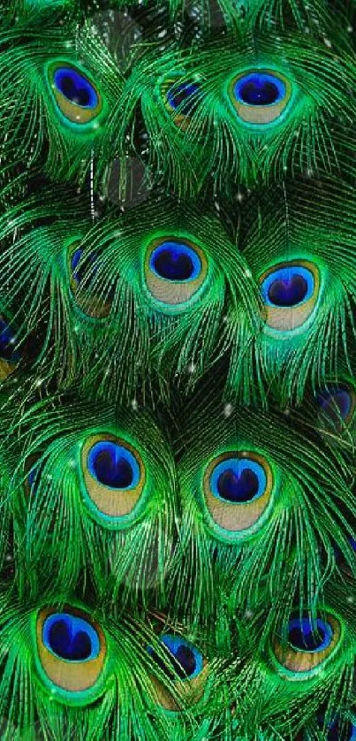 Vibrant green peacock feather pattern wallpaper.